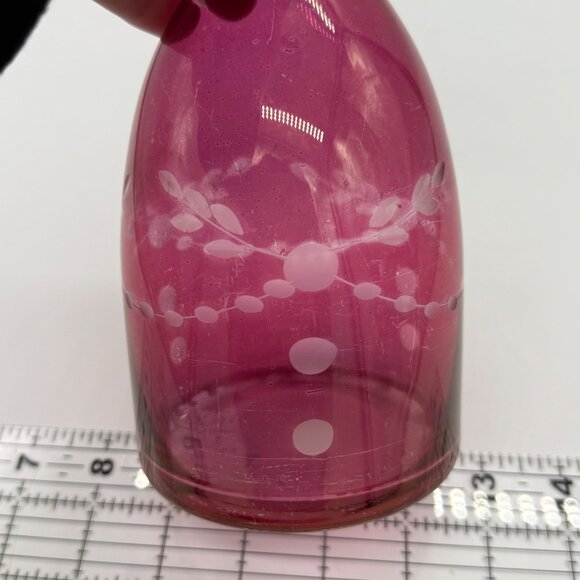 Vintage Czech Etched Cranberry Glass Cut-To-Clear Vase/Decanter - Picture 8 of 8